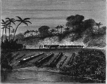 1874 tarihli Illustrated London News gravüründe Osmanlı ve Açe toplarını gösteren arşiv görseli